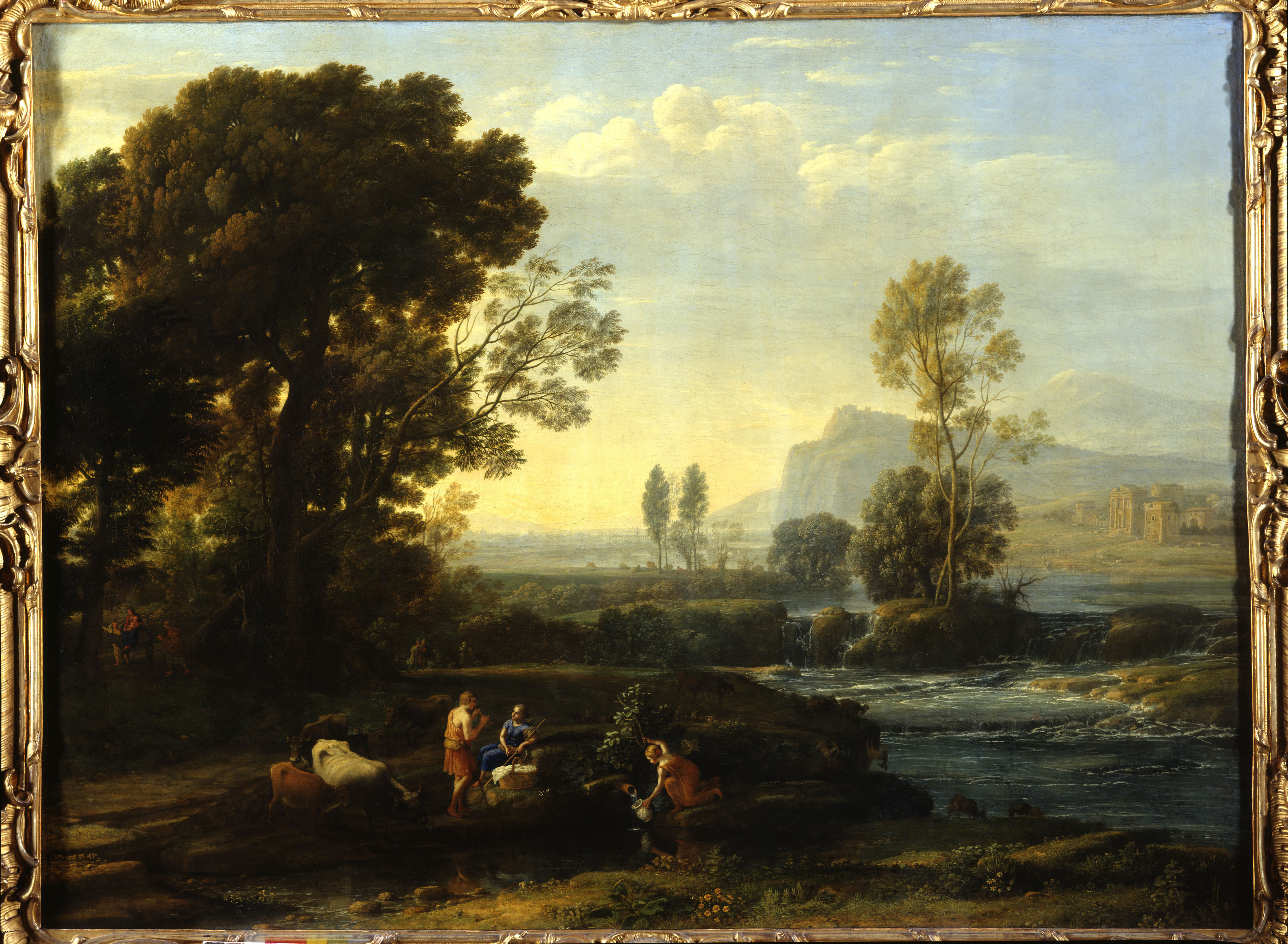 Landschaft mit Fluss, Bäumen und Figuren, die eine ländliche Szene darstellen. Ruhige Atmosphäre mit sanften Farben.